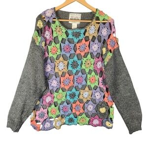 Vintage Crochet Patchwork Sweater Large Multicolor Open-Knit Hand Made Slouchy